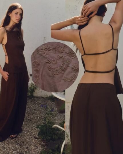 סט נשים שתי חלקים טופ רקום עם כתפיות פתוח בגב ומכנסיים